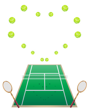 an illustration of a tennis court with tennis rackets and tennis balls in a heart shapeのイラスト素材