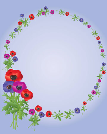 an illustration of a circle of anemone flowers in red blue and pink on a blue backgroundのイラスト素材