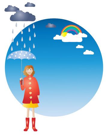 an illustration of a woman with an umbrella and different kinds of weatherのイラスト素材