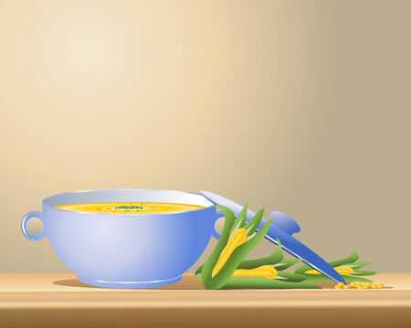 an illustration of a serving bowl of sweetcorn soup with a lid corn on the cob and corn kernelsのイラスト素材