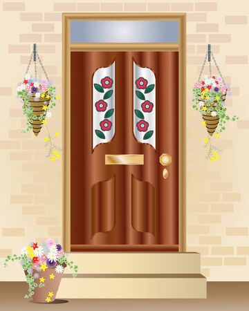 an illustration of a fancy front door with summer hanging baskets full of flowersのイラスト素材