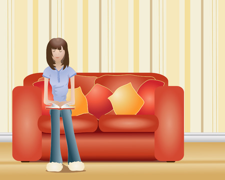an illustration of a woman reading a book on a sofa in a decorated roomのイラスト素材