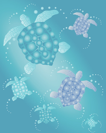 an illustration of a group of turtles swimming in a jade colored oceanのイラスト素材