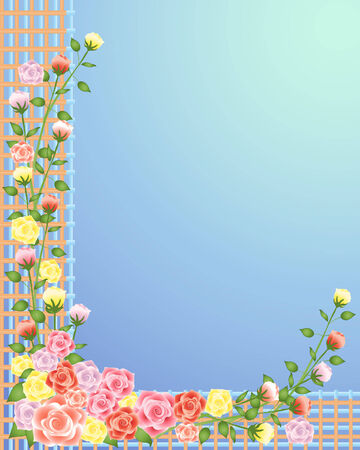 an illustration of pink and yellow roses on wooden trellis on a jade blue backgroundのイラスト素材