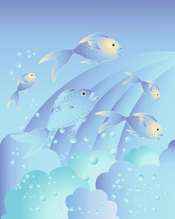 an illustration of blue fish swimming in the spray of a waterfallのイラスト素材