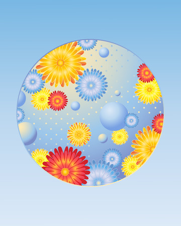 an illustration of a bright flower design in red blue and yellow through a circular windowのイラスト素材