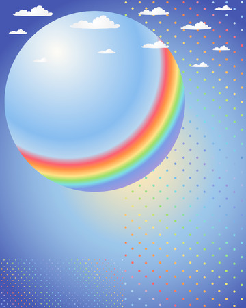 an illustration of a rainbow ball with clouds and dots on a blue backgroundのイラスト素材