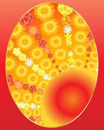 an illustration of a floral sunburst with a sun and rays made up of roses daises and primroses seen through an oval windowのイラスト素材