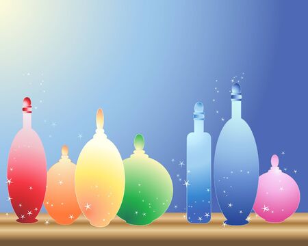 an illustration of colorful glass bottles on a wooden shelf with blue and yellow backgroundのイラスト素材