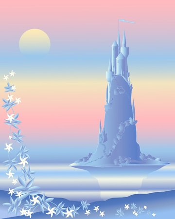 an illustration of a beautiful fairytale castle bathed in pastel light with mirror lake and jasmine flowers in the foregroundのイラスト素材