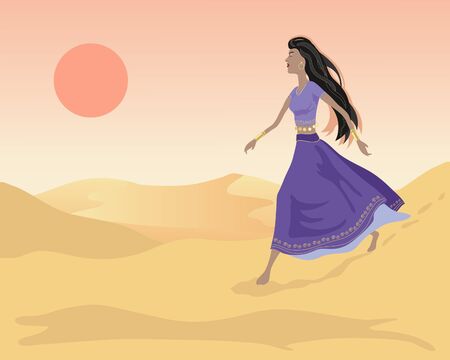 an illustration of of an asian woman walking in sand dunes under an orange evening sunのイラスト素材