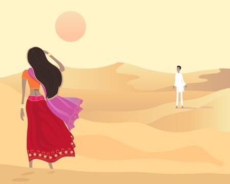 an illustration of a desert scene with an asian man and woman walking towards each other in the evening sunのイラスト素材