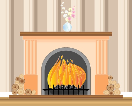 an illustration of a fireplace with a roaring fire logs a vase of orchids and striped wallpaperのイラスト素材