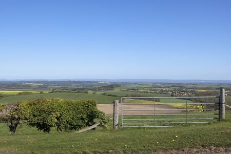 an english landscape with views over the patchwork fields of the yorkshire wolds under a clear blue skyの写真素材