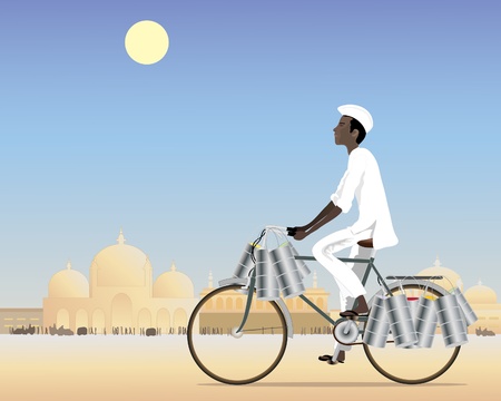 an illustration of an indian dabbawalla delivering tiffins in a city under a blue skyのイラスト素材