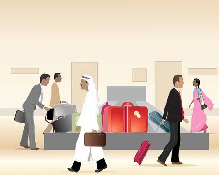 an illustration of a baggage carousel at an airport terminal with people waiting for luggageのイラスト素材
