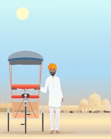 an illustration of an indian rajput standing by his cycle rickshaw in a dusty city under a hot sunのイラスト素材