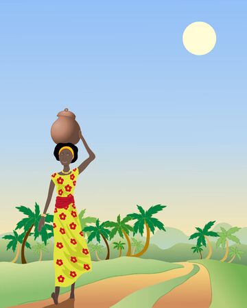 an illustration of an african lady with a pot walking down a dirt track with coconut palms under a blue skyのイラスト素材