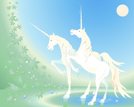 an illustration of two unicorns standing in some water in a forest under a blue skyのイラスト素材