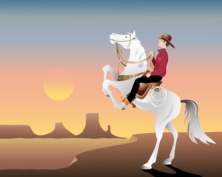 an illustration of a cowboy on a white horse on a hill overlooking sunset canyonlandsのイラスト素材