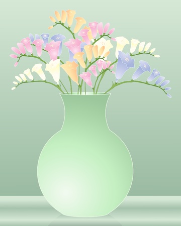 an illustration of a green vase with colorful freesia flowersのイラスト素材