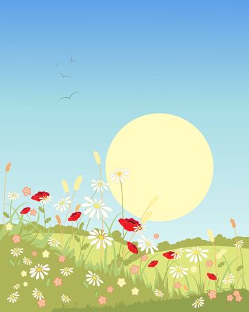 an illustration of a summer landscape with green fields and flowers under a big yellow sunのイラスト素材