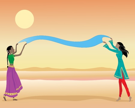 an illustration of indian ladies wearing colorful traditional clothing drying a piece of dyed cloth under a hot sunのイラスト素材