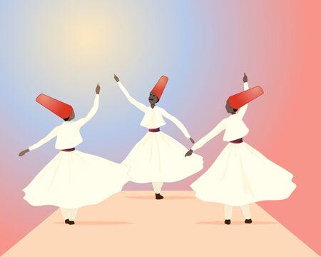 an illustration of three whirling dervishes dressed in white with red hats on a colorful backgroundのイラスト素材