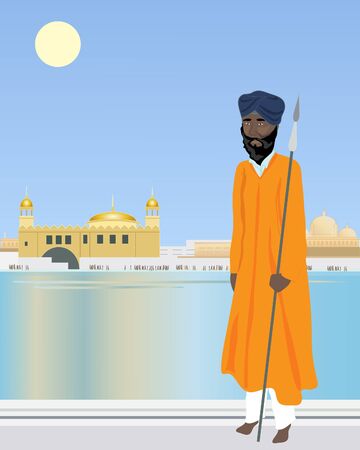an illustration of a sikh temple guard in front of a holy pool with temple and buildings under a hot blue skyのイラスト素材