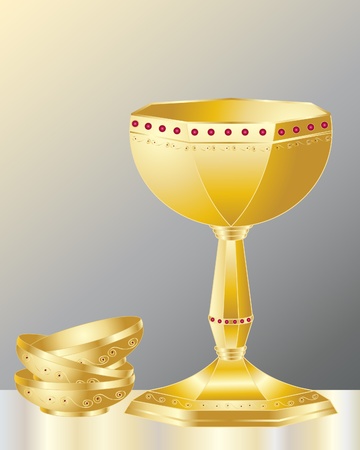 an illustration of a golden decorative chalice with fancy gold bowls on a dark backgroundのイラスト素材