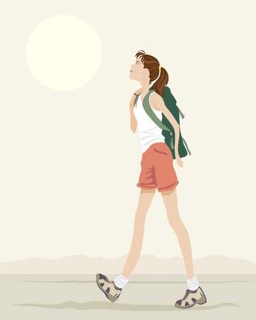 an illustration of a young woman with backpack walking under an evening skyのイラスト素材
