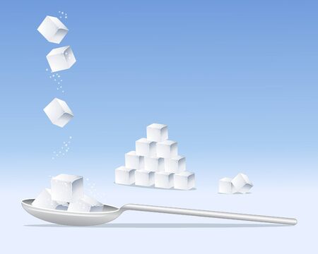 an illustration of sugar cubes on a silver spoon in a stack and tumbling from above on a blue backgroundのイラスト素材