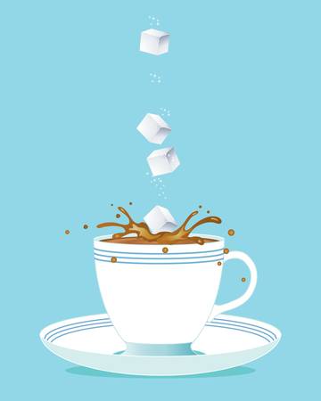 an illustration of sugar cubes tumbling into a refreshing cup of tea on a blue backgroundのイラスト素材