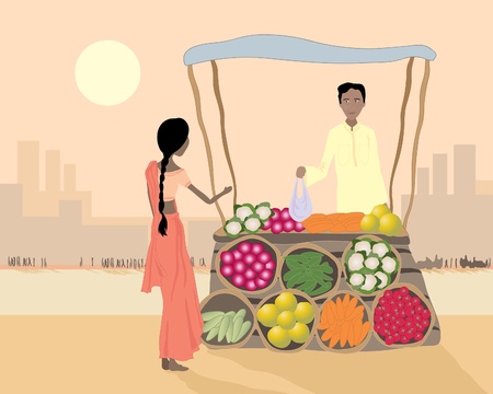 an illustration of an asian street vendor selling vegetables to a woman in a busy city at sunsetのイラスト素材