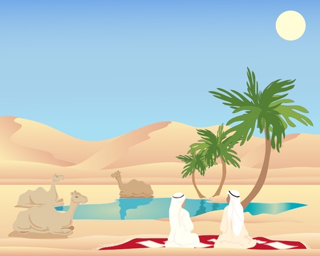 an illustration of two arab men and camels resting at a desert oasis with palm trees and a clear pool under a hot blue summer skyのイラスト素材