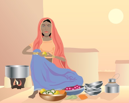 an illustration of an asian woman sitting on the ground preparing food with vegetables and cooking utensils under an evening sunのイラスト素材