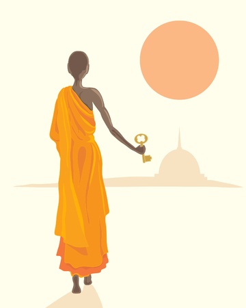 an illustration of a buddhist monk in orange robes with a golden key with stupa and setting sunのイラスト素材