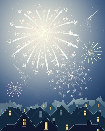 an illustration of beautiful fireworks in a night time starry sky over the rooftops of a city skylineのイラスト素材