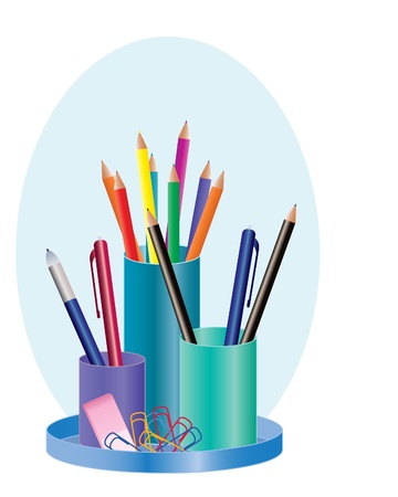 an illustration of a colorful pen holder with pencils biall point pens eraser and paper clipsのイラスト素材