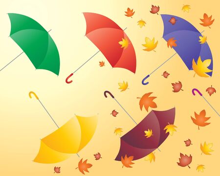 an illustration of colorful umbrellas with autumn leaves on an orange backgroundのイラスト素材