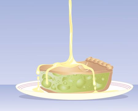 an illustration of a delicious piece of apple pie on a plate with custard pouring on a blue backgroundのイラスト素材
