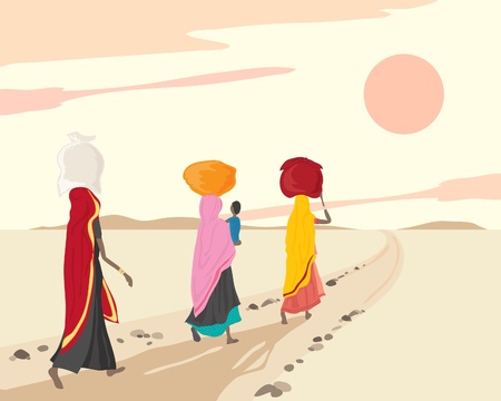 an illustration of three indian women and a child walking home with shopping bundles under a sunset skyのイラスト素材