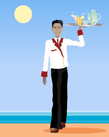 an illustration of an asian waiter walking with a tray of drinks in a uniform in an exotic settingのイラスト素材