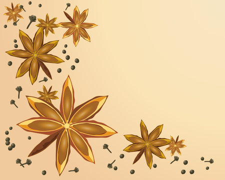 an illustration of a star anise design with cloves and peppercorns on a beige color backgroundのイラスト素材