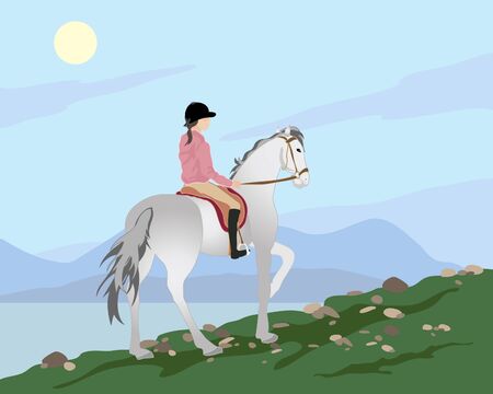 an illustration of a woman riding a horse trekking over mountain terrain with hills and lake in the backgroundのイラスト素材