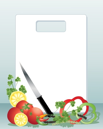 an illustration of a white chopping board with sharp knife corriander leaves tomatoes lemon slices peppercorns and peppers on a blue backgroundのイラスト素材