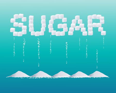 an illustration of sugar cubes forming the word sugar with grains and heaps on a blue green backgroundのイラスト素材