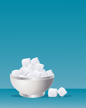 an illustration of a fancy sugar bowl in silver metal with scrollwork full of sugar cubes on a blue backgroundのイラスト素材
