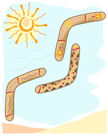 an illustration of three boomerangs with different designs on a desert sky backgroundのイラスト素材