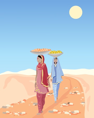 an illustration of two asian ladies carrying fruit along a rural dirt track under a blue skyのイラスト素材